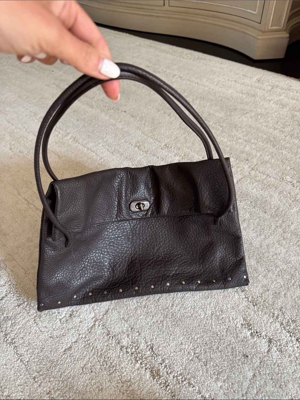 Miu Miu Chocolate Brown Pebbled Leather Shoulder Bag with Studs - Picture 6 of 8